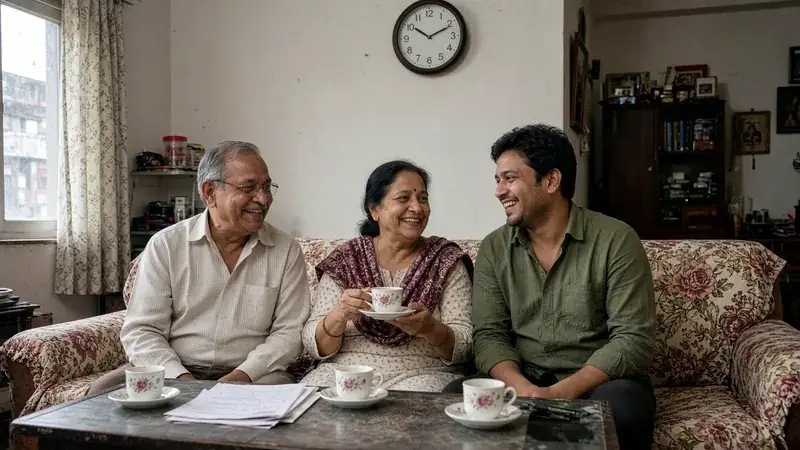 Lifestyle photograph of a smiling family over tea in a modest Delhi living room. Visual for the Perfect story — not a customer portrait.