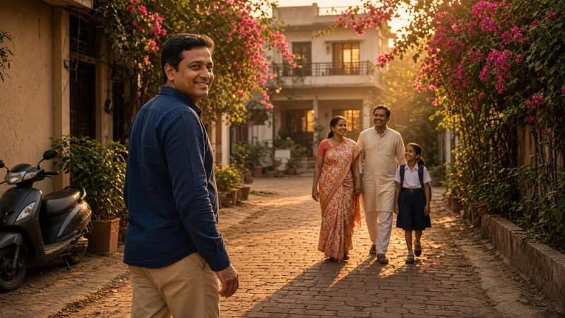 Lifestyle photograph of a trusted guide walking a smiling family towards a modest Delhi home at golden hour. Visual for Perfect Saarthi — not a customer portrait.