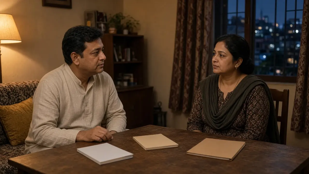 Illustration of a conversation at a dining table in a modest Delhi home.